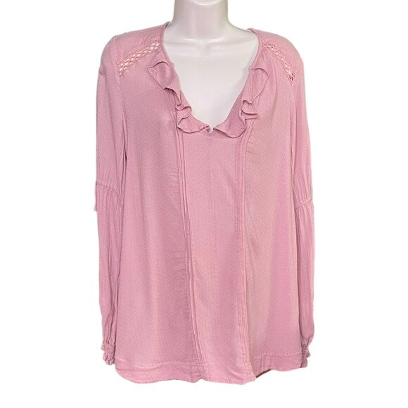 Free People Pink Boho Blouse Top Ruffle Collar Draw String Mid Sleeve Size XS u - Picture 1 of 14